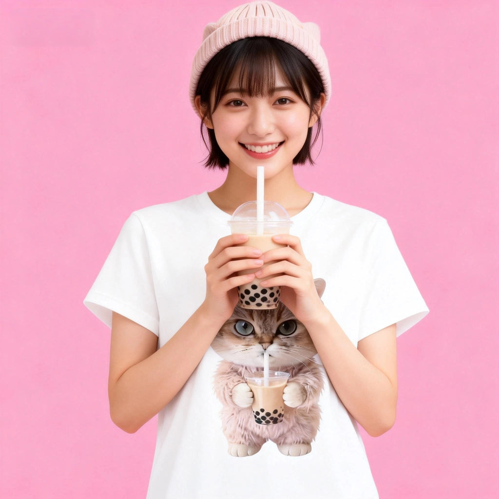 Sunny brand cat drinking bubble tea t-shirt, soft comfortable tee