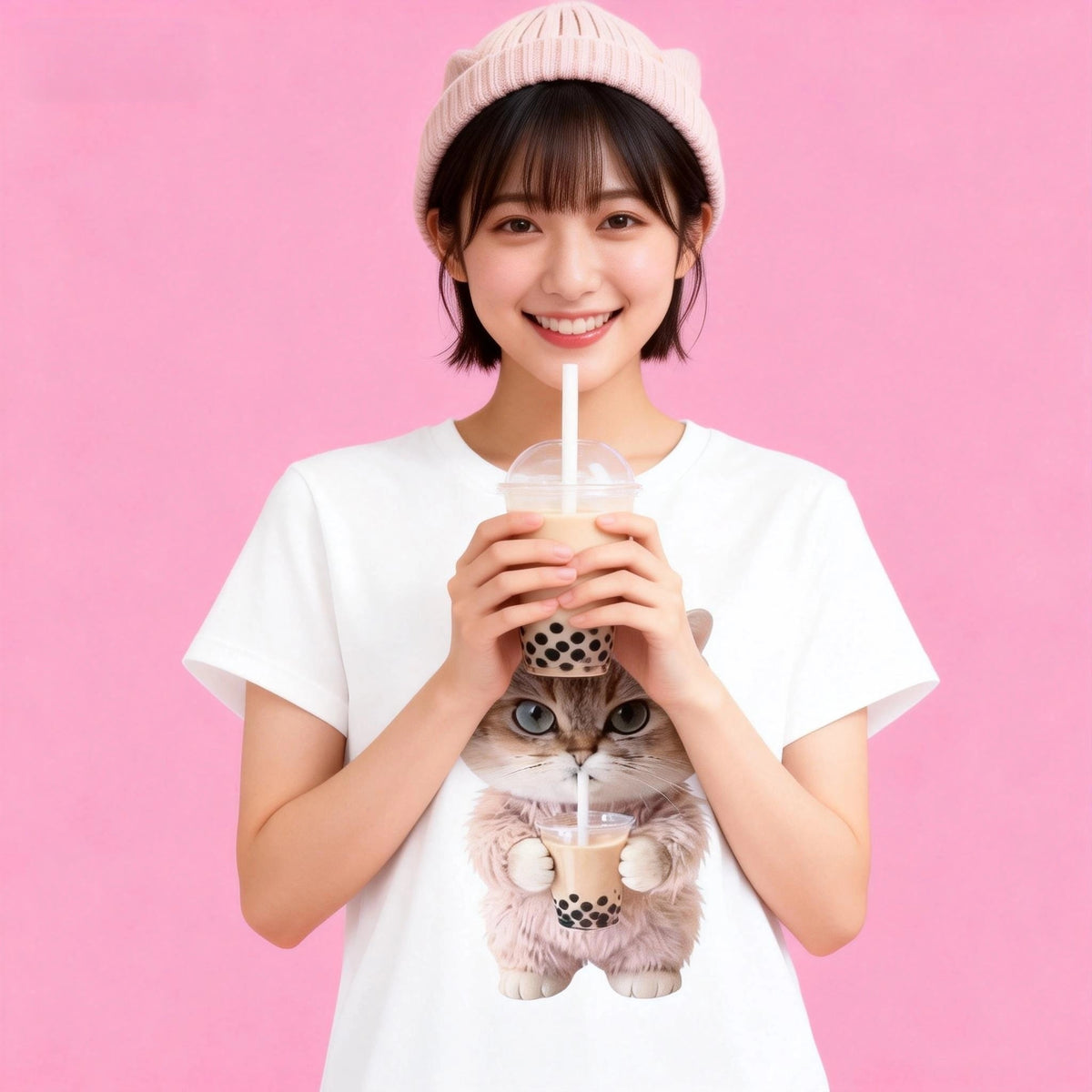 Sunny brand cat drinking bubble tea t-shirt, soft comfortable tee