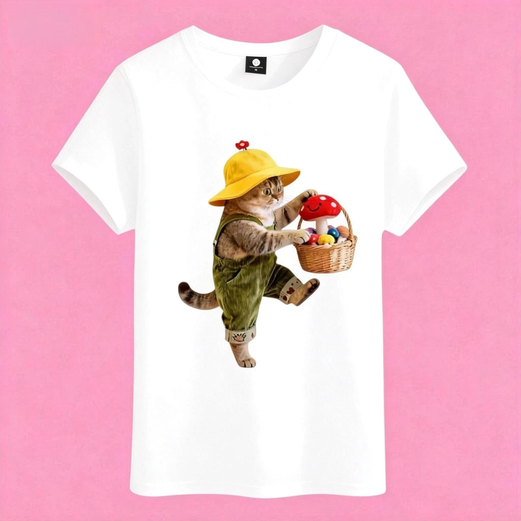 Sunny Brand mushroom picking cat t-shirt, front view of cute cat in overalls picking mushrooms printed on cotton tee