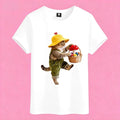 Sunny Brand mushroom picking cat t-shirt, front view of cute cat in overalls picking mushrooms printed on cotton tee