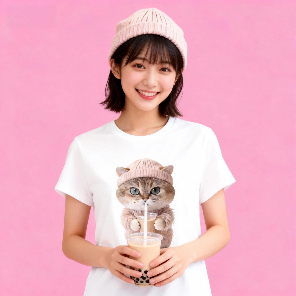 Casual streetwear cat boba tea graphic tee, daily wear