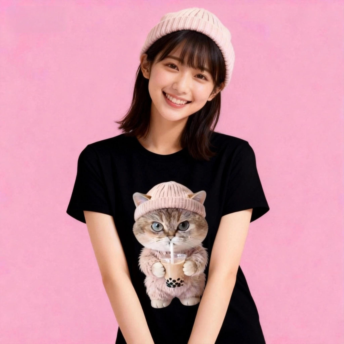Kawaii cat boba tea black t-shirt, unisex heavy cotton casual wear
