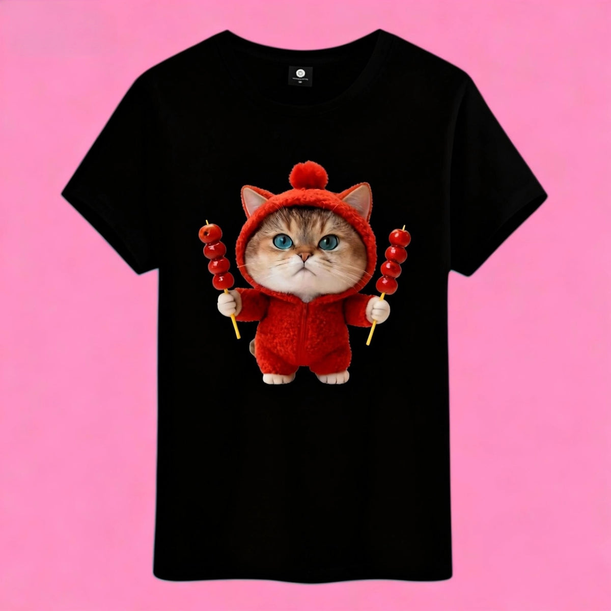black crewneck t-shirt featuring a cute orange cat in red hoodie holding tanghulu skewers, full front design