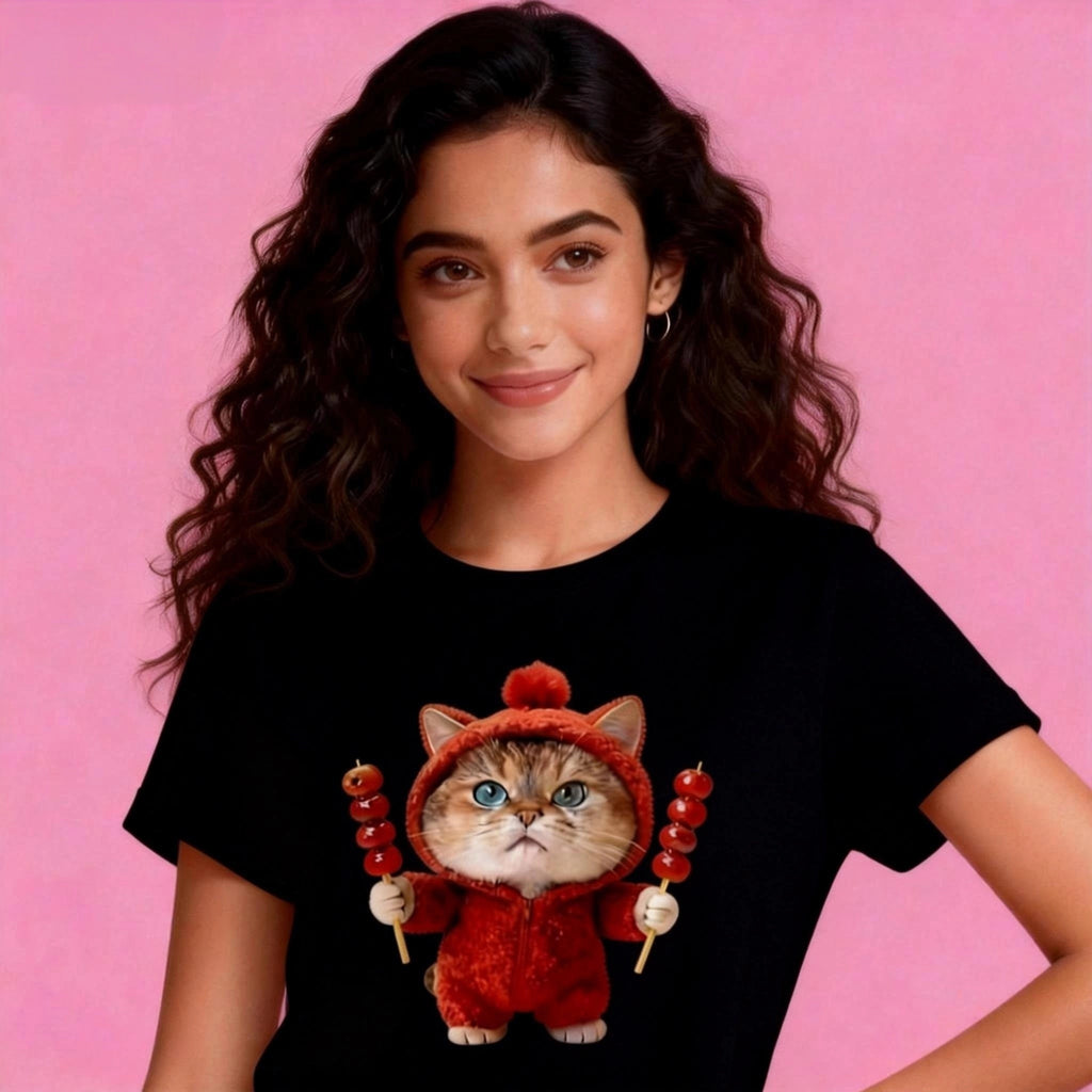  cat tanghulu t-shirt on model, simple gentle casual look, premium cotton, black color
