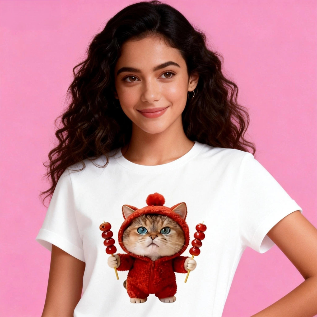 Model wearing white color cat tanghulu graphic tee, quiet and gentle style, soft cotton fabric