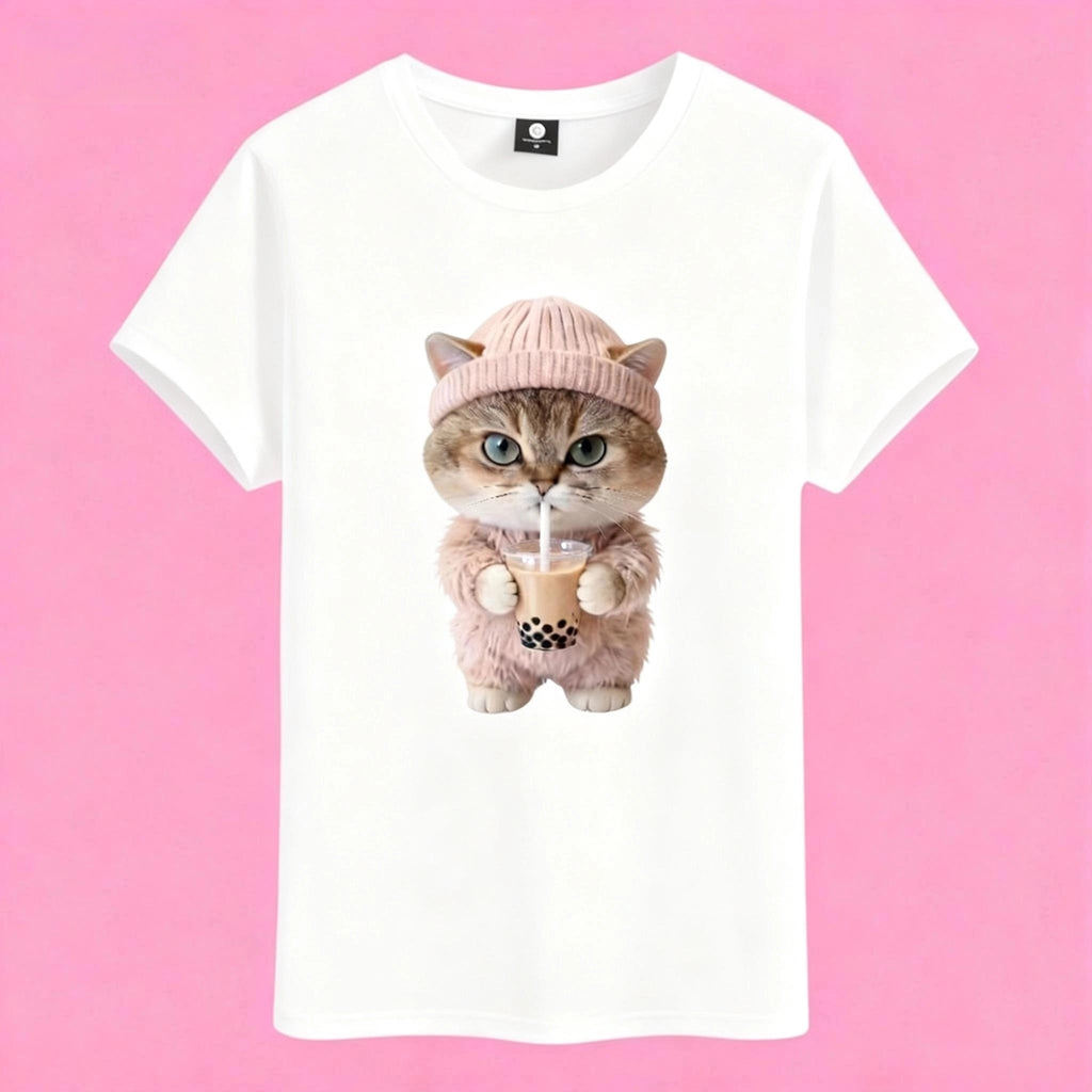 Cute cat drinking boba tea t-shirt, kawaii graphic tee for pet lovers