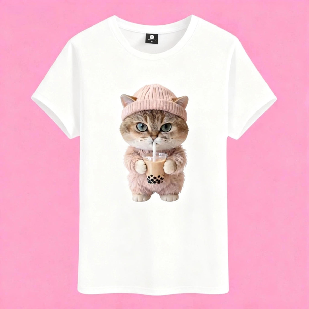 Cute cat drinking boba tea t-shirt, kawaii graphic tee for pet lovers