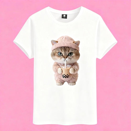 Cute cat drinking boba tea t-shirt, kawaii graphic tee for pet lovers