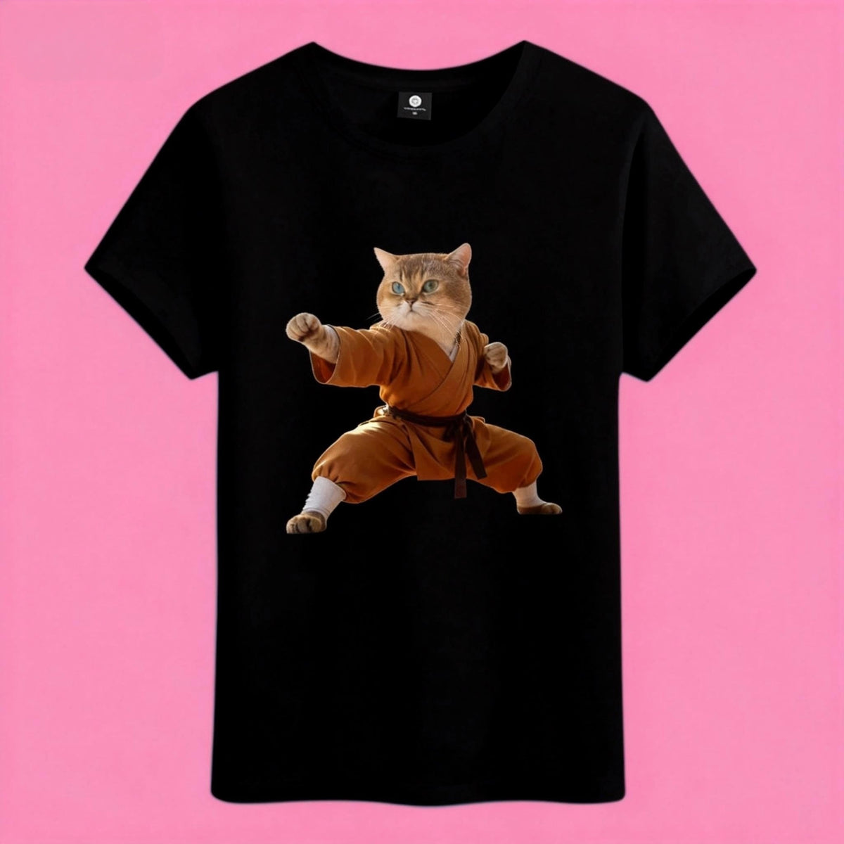 Sunny Brand kungfu cat t-shirt, front view of cat in yellow kungfu gi printed on heavy cotton tee