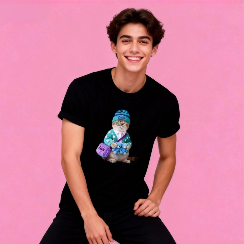 Male model in Sunny Brand casual cat t-shirt, playful plushie cat design for street style