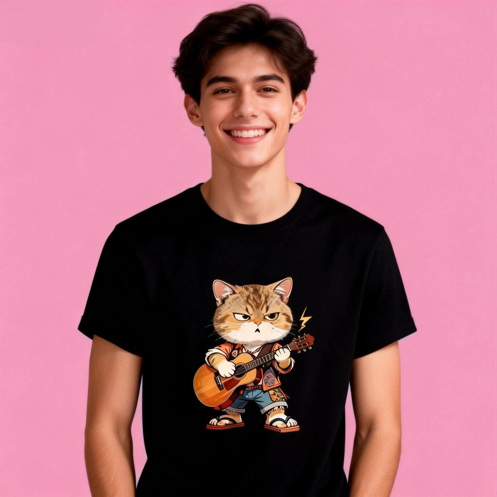 Black t-shirt with a cool rock star cat graphic playing an acoustic guitar, perfect for cat lovers and music fans.