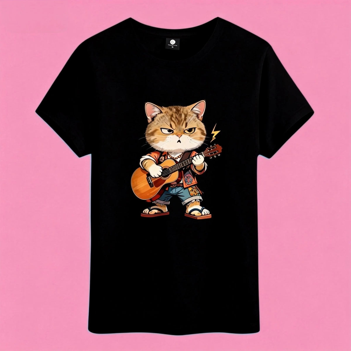 Black t-shirt with a cool rock star cat graphic playing an acoustic guitar, perfect for cat lovers and music fans.