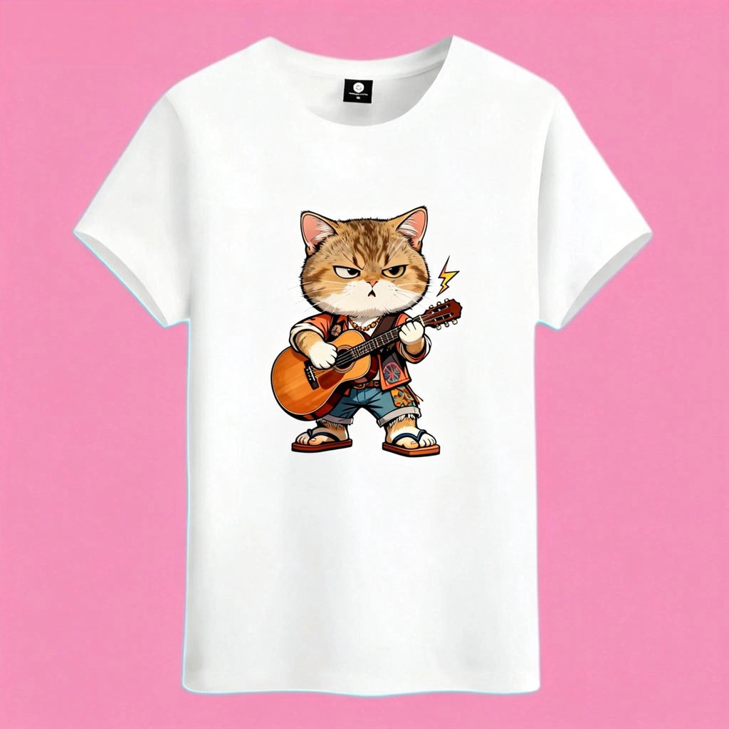 White t-shirt with a cool rock star cat graphic playing an acoustic guitar, perfect for cat lovers and music fans.