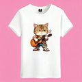White t-shirt with a cool rock star cat graphic playing an acoustic guitar, perfect for cat lovers and music fans.