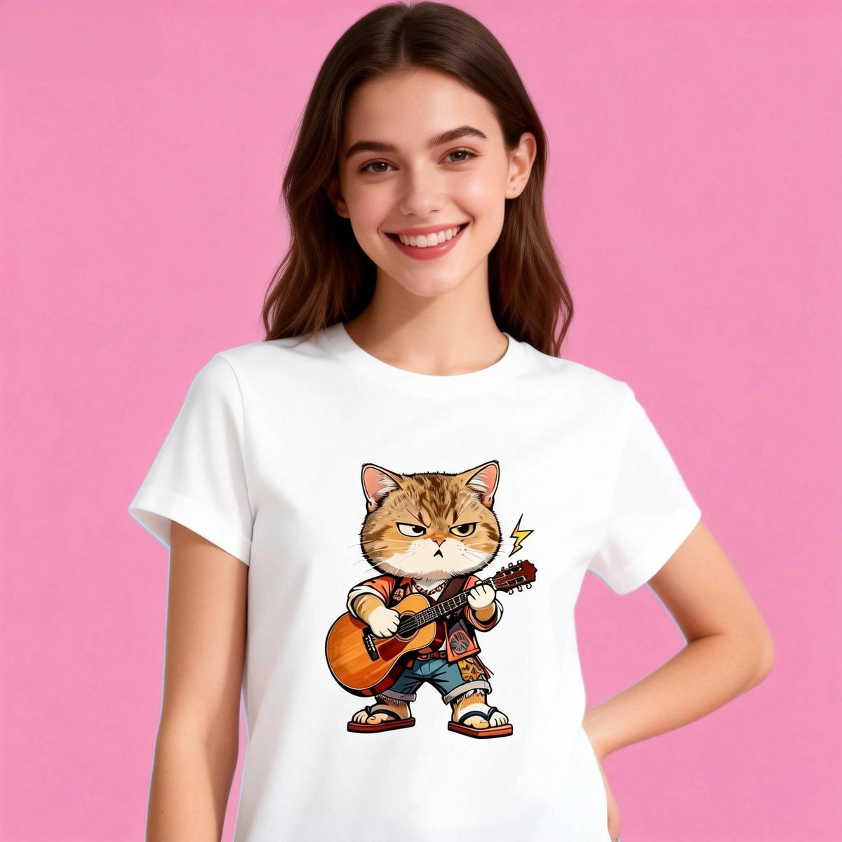 Person wearing the white rock star cat guitar t-shirt, showing the fit and style.
