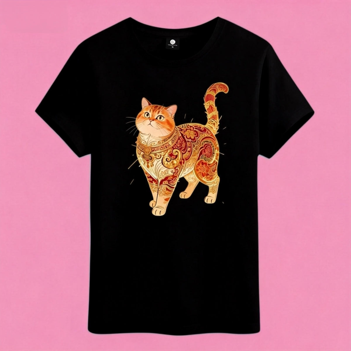 Sunny Brand t-shirt detail, close-up of artistic vintage pattern cat graphic