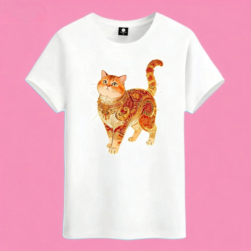 Sunny Brand artistic orange cat t-shirt, front view of cat with vintage pattern printed on cotton tee