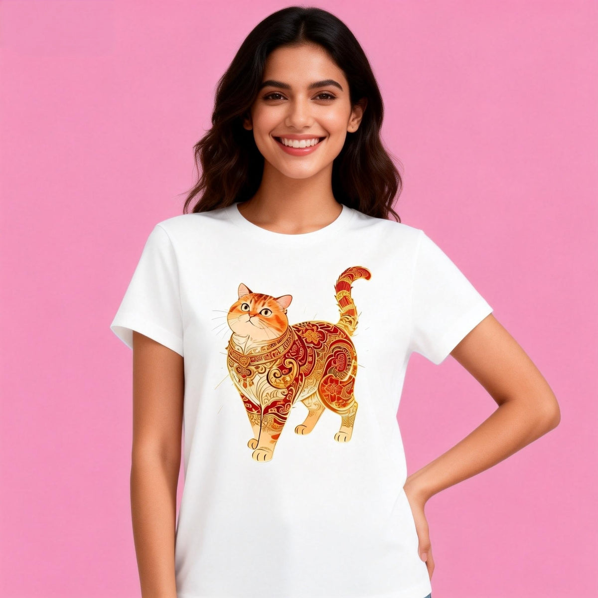 Woman wearing Sunny Brand artistic cat t-shirt, vintage pattern cat graphic casual wear