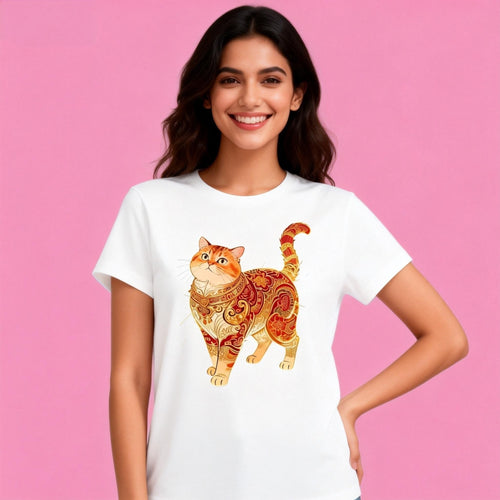 Woman wearing Sunny Brand artistic cat t-shirt, vintage pattern cat graphic casual wear