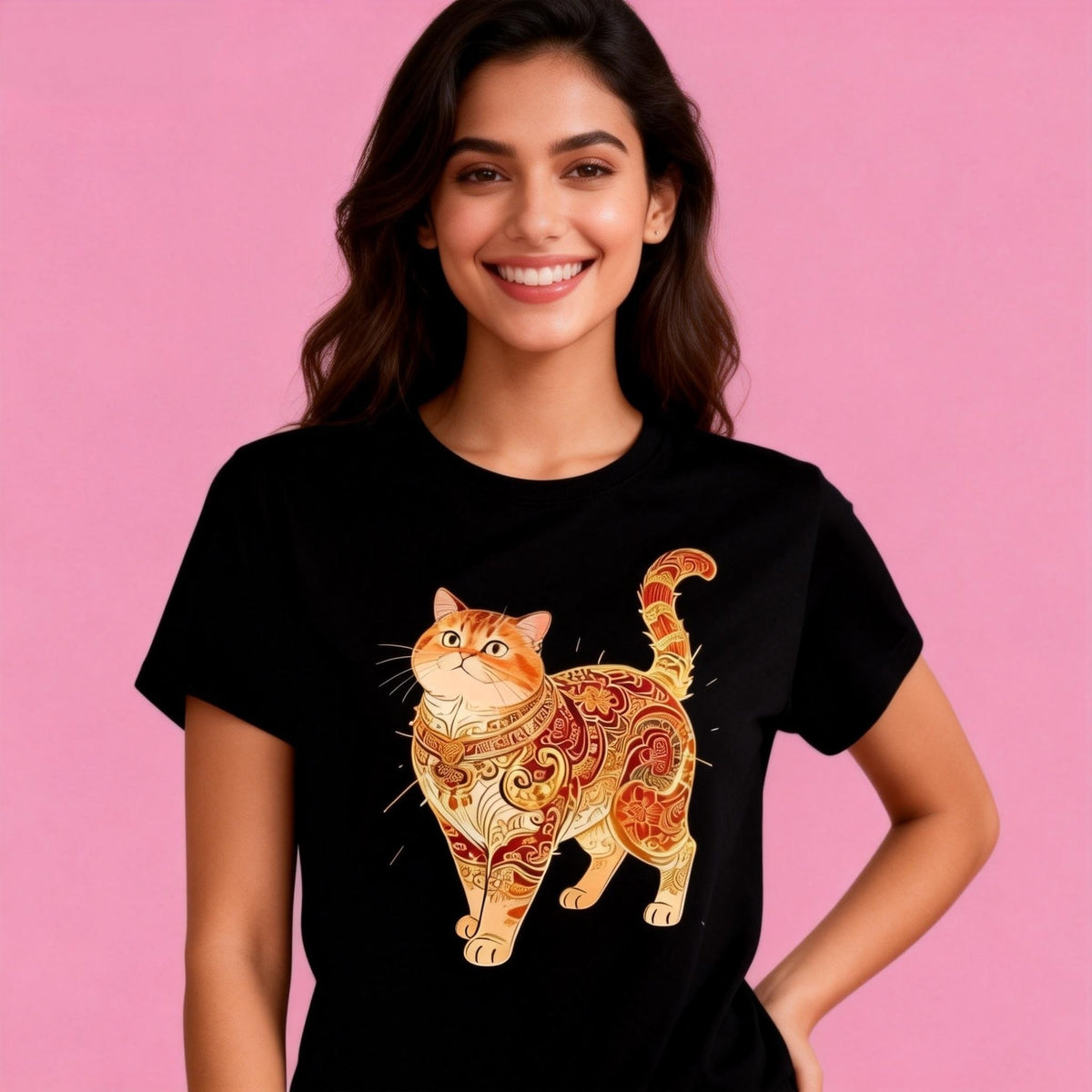 lady model in Sunny Brand vintage pattern cat t-shirt, trendy artistic casual street wear