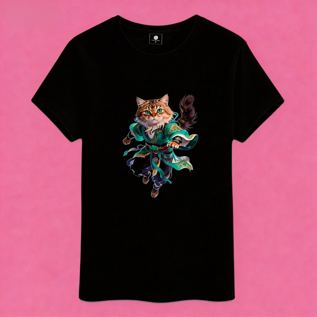 Sunny Brand t-shirt detail, close-up of artistic color splash cat graphic