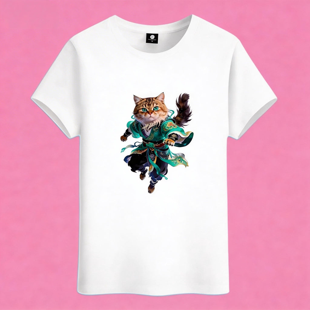 Sunny Brand artistic splash cat t-shirt, front view of cat with abstract paint printed on cotton tee