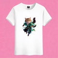 Sunny Brand artistic splash cat t-shirt, front view of cat with abstract paint printed on cotton tee