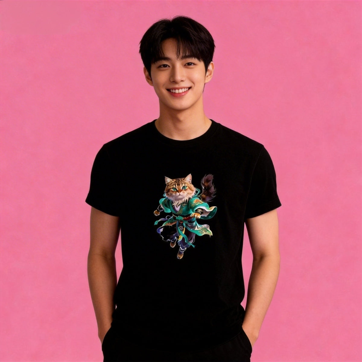 Man wearing Sunny Brand artistic cat t-shirt, unisex premium cotton art-style tee
