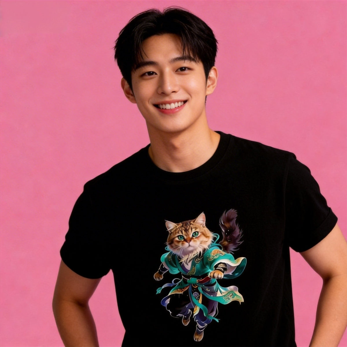 Man wearing Sunny Brand artistic cat t-shirt, unisex premium cotton art-style tee black color