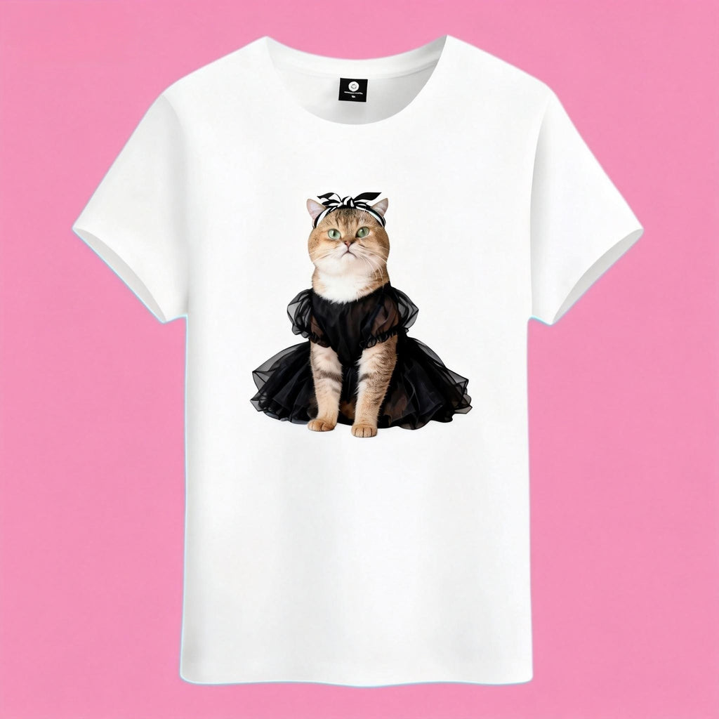 Sunny Brand ballet cat t-shirt, front view of black tutu cat print