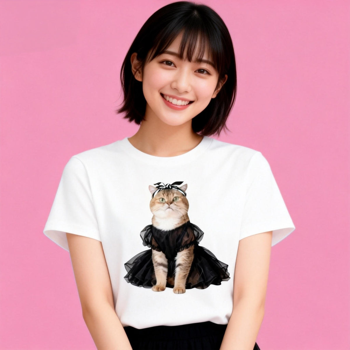Woman wearing Sunny Brand ballet cat t-shirt, cute fancy ballerina cat wear