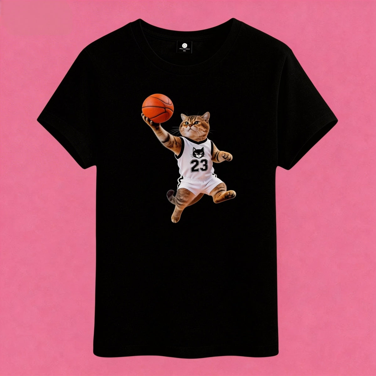 Sunny Brand t-shirt detail, close-up of dynamic dunking basketball cat graphic