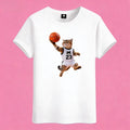Sunny Brand basketball cat t-shirt, front view of cat in #23 jersey dunking basketball printed on cotton tee