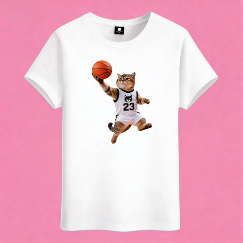 Sunny Brand basketball cat t-shirt, front view of cat in #23 jersey dunking basketball printed on cotton tee
