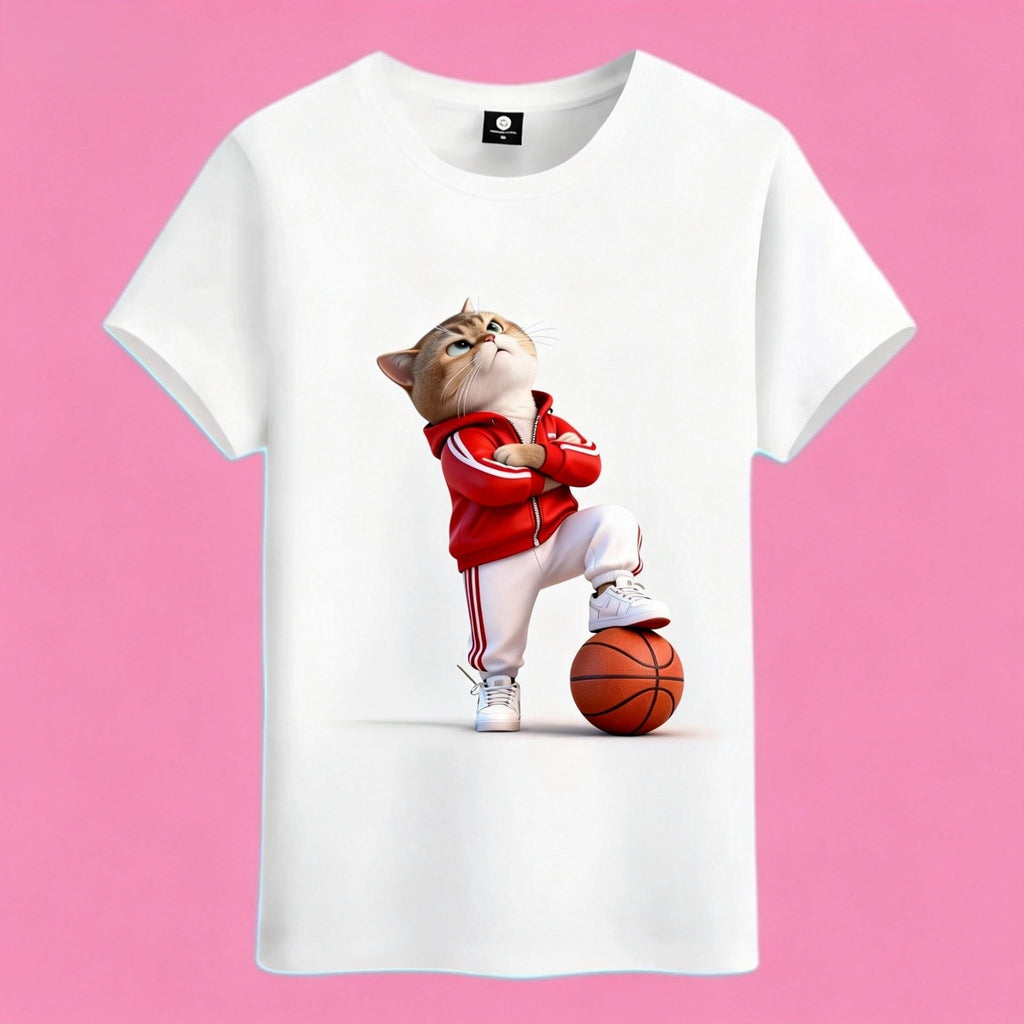 Sunny Brand basketball cat t-shirt, front view of cat in red tracksuit printed on heavy cotton tee