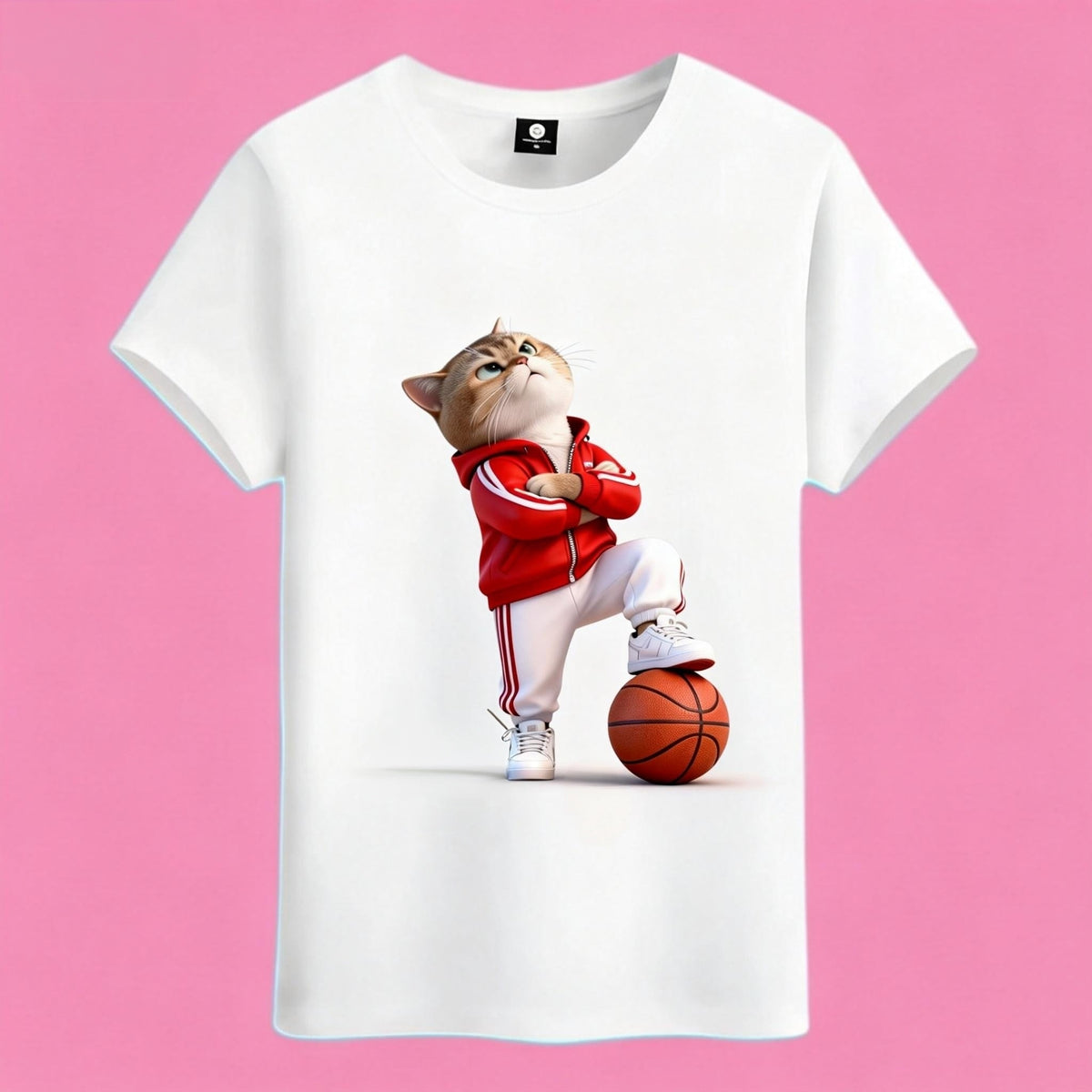 Sunny Brand basketball cat t-shirt, front view of cat in red tracksuit printed on heavy cotton tee