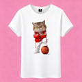 Sunny Brand basketball cat t-shirt, front view of cat in red tracksuit printed on cotton tee