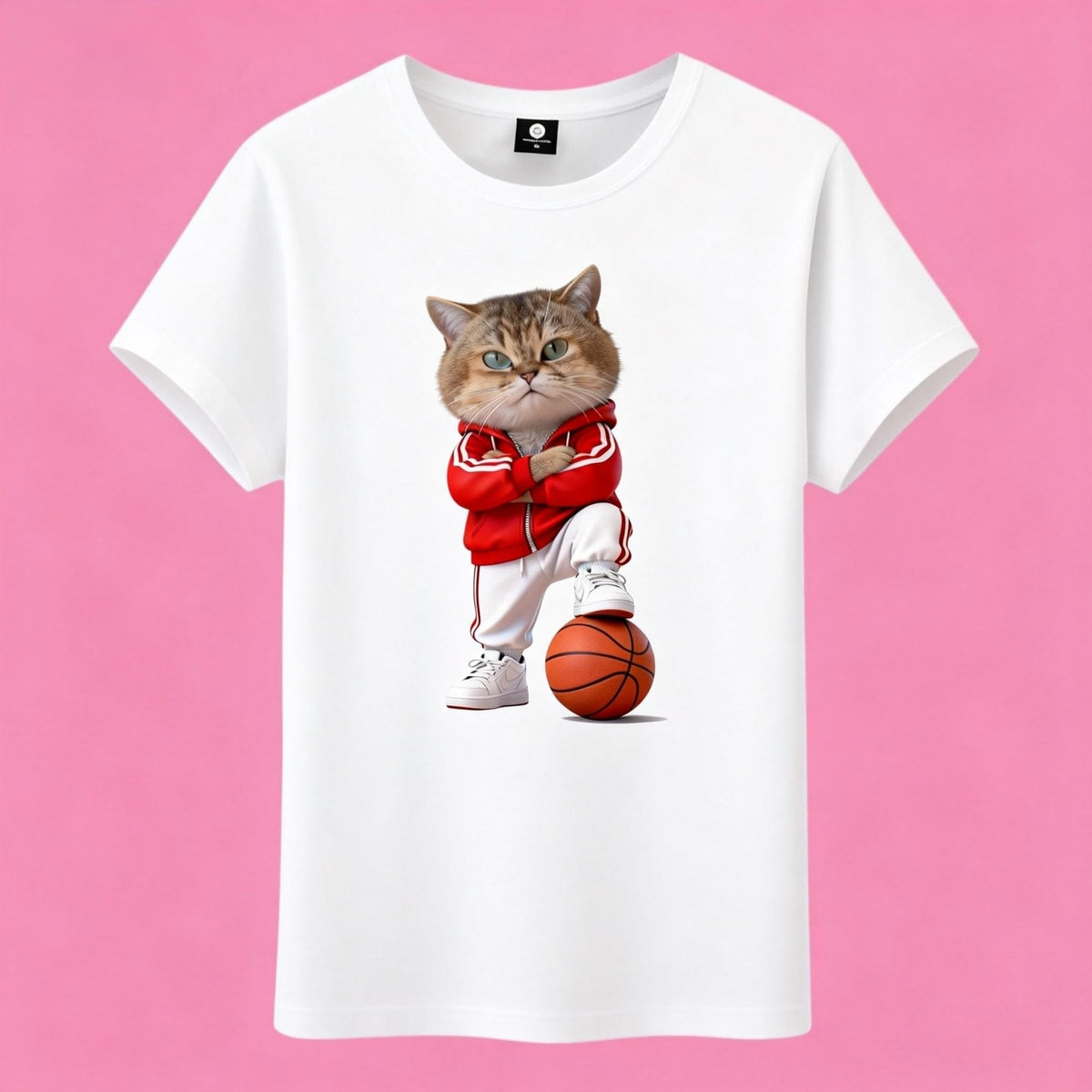 Sunny Brand basketball cat t-shirt, front view of cat in red tracksuit printed on cotton tee