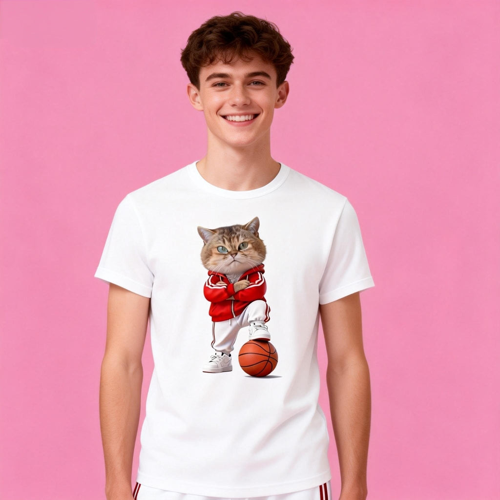 Man wearing Sunny Brand basketball cat t-shirt, unisex heavy cotton tee with cool streetball cat graphic