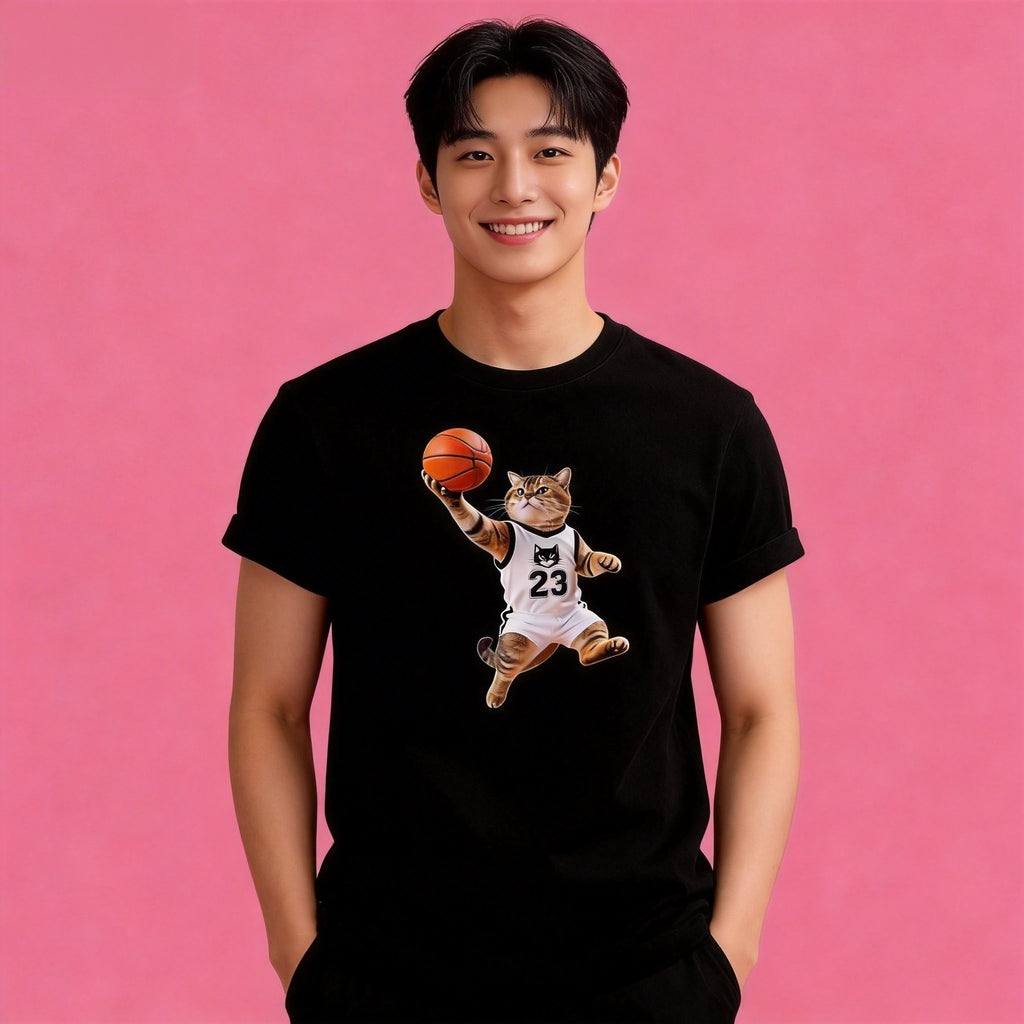 Man wearing Sunny Brand basketball cat t-shirt, unisex premium cotton sporty tee