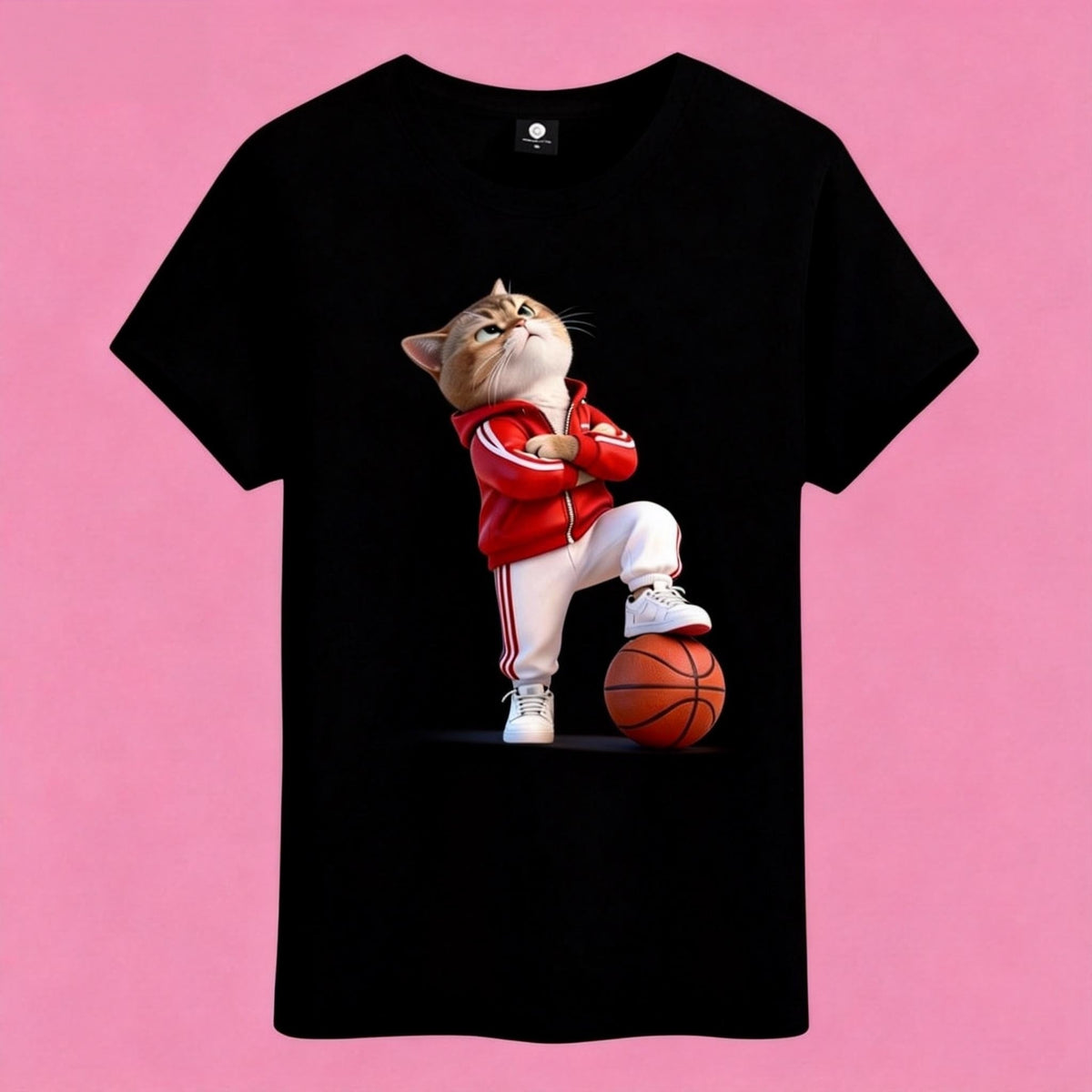 Man wearing Sunny Brand basketball cat t-shirt, unisex heavy cotton tee with cool streetball cat graphic