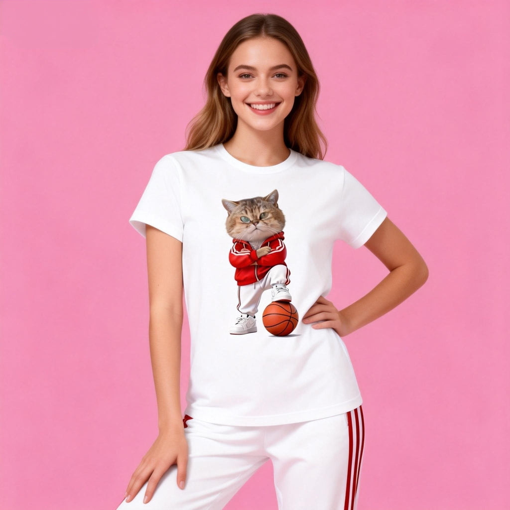 Woman wearing Sunny Brand basketball cat t-shirt, casual sporty outfit with streetball cat graphic