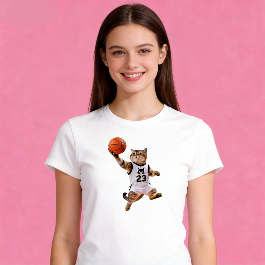 Woman wearing Sunny Brand basketball cat t-shirt, sporty dunking cat graphic casual wear