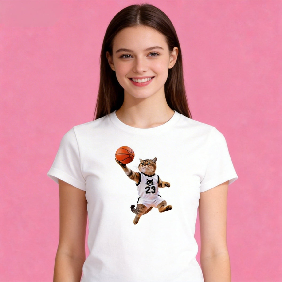 Woman wearing Sunny Brand basketball cat t-shirt, sporty dunking cat graphic casual wear