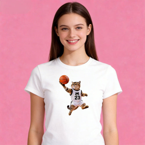 Woman wearing Sunny Brand basketball cat t-shirt, sporty dunking cat graphic casual wear