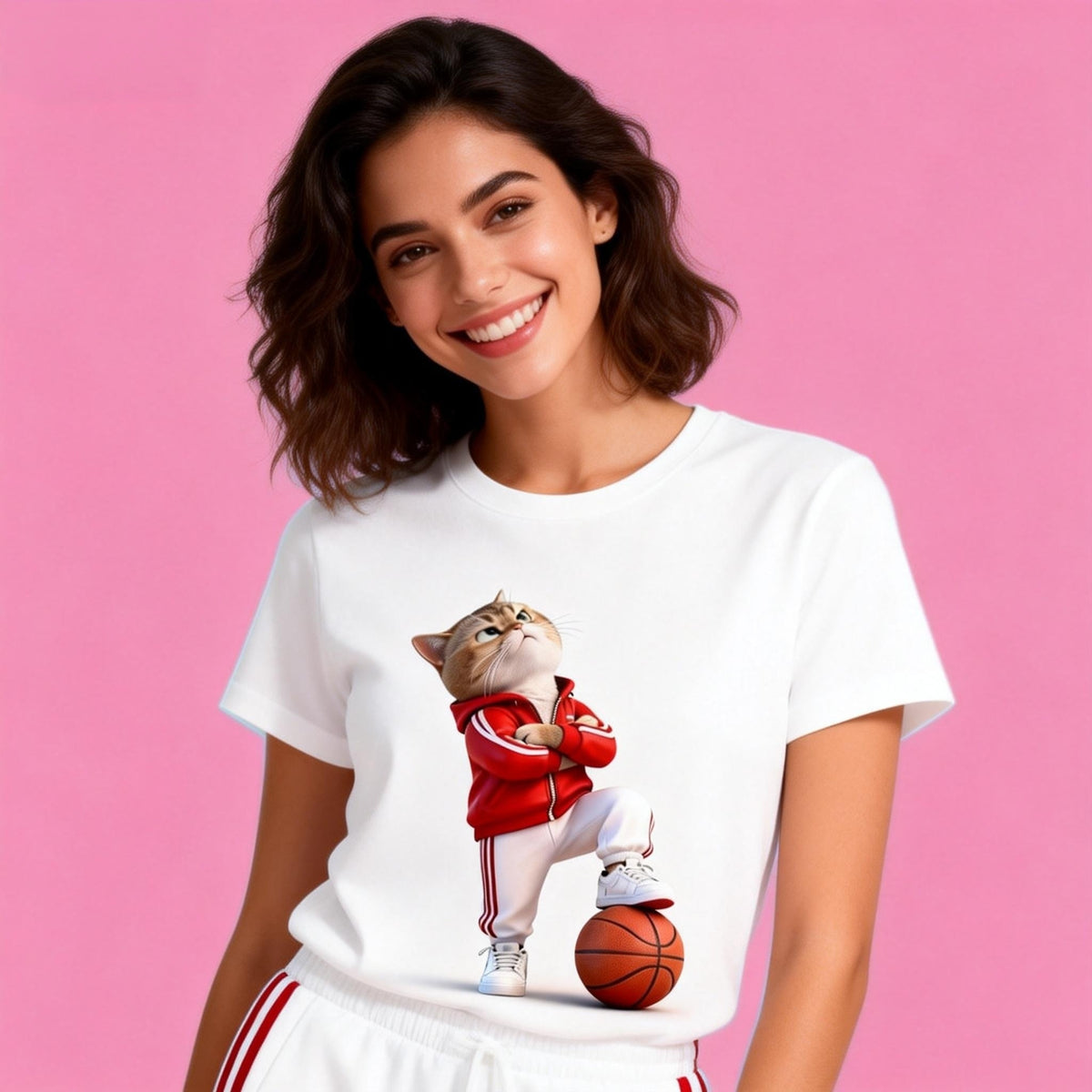 Woman wearing Sunny Brand basketball cat t-shirt, casual sporty outfit with streetball cat graphic
