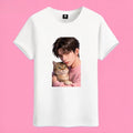 Sunny Brand boy hug cat t-shirt, front view of anime boy & tabby cat print white color