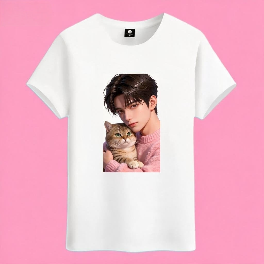 Sunny Brand boy hug cat t-shirt, front view of anime boy & tabby cat print white color