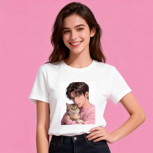 Woman wearing Sunny Brand boy hug cat t-shirt, aesthetic anime cat casual wear