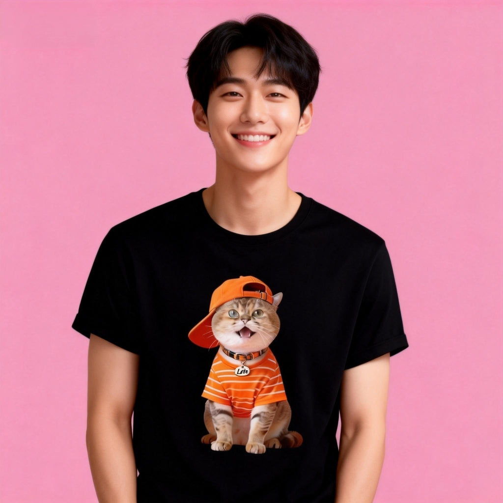 Sunny Brand orange theme cat t-shirt, stylish tabby cat print on black cotton tee wear on man model